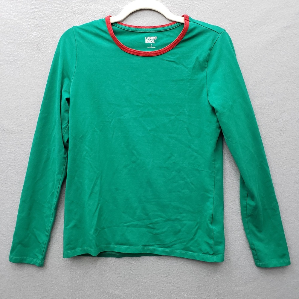 Lands End Long Sleeve Cotton Sleep Shirt Green Red Hem Holiday Christmas Lounge